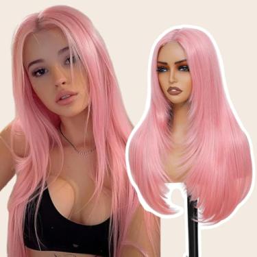 Imagem de Civrie Peruca frontal de renda sintética sem cola 71 cm 4x1 HD longa reta em camadas para mulheres, use and go, perucas sem cola, pré-cortadas, fibra sintética reta longa e reta (rosa)