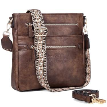 Imagem de VASCHY Bolsa tiracolo feminina, moda de couro vegano, média, com vários bolsos, bolsa mensageiro, bolsa de mão, alça de guitarra, Café, 10x2.8x10 inches