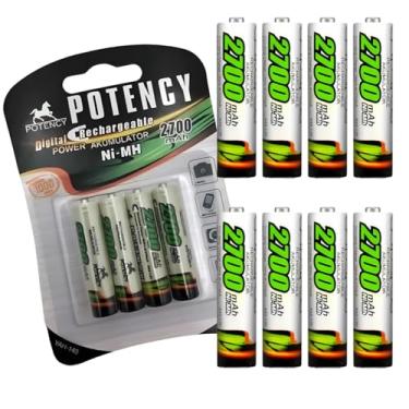 Imagem de Potency Pilhas AAA Recarregáveis Ni-MH, 2700mAh, Pack com 8 Unidades, Alta Performance, 1000 Ciclos, Compatível com Controles, Mouses, Câmeras e Lanternas