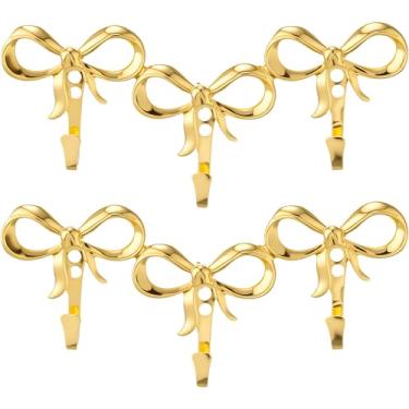 Imagem de Otoolling Conjunto de 2 ganchos de parede dourados triplos pequenos ganchos funcionais montados na parede suporte de casaco decorativo dourado gancho de porta com laço de metal para chapéus, bolsas