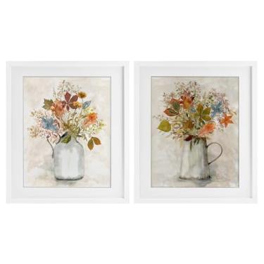 Imagem de Stupell Industries Autumn Bouquets Country Jugs 2 peças de impressão emoldurada branca conjunto sob vidro, design por Carol Robinson, 16 x 13
