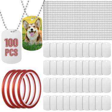 Imagem de Chewtoyo Chaveiros de corrente de metal dupla face para animais de estimação, homens, mulheres, 100 peças de etiquetas de cachorro em branco de sublimação de alumínio com colares e fitas, etiquetas de