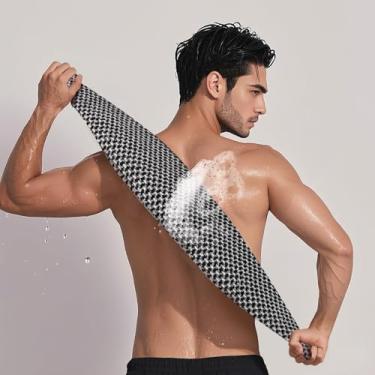 Imagem de 1 pacote com esfregão corporal esfoliante, esfregão traseiro de tira longa, esponja de bucha para banho, grade preta