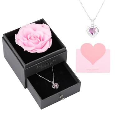 Imagem de AGQWR Colar de rosas preservadas em uma caixa com coração para mulheres, presente de aniversário para esposa, presente de aniversário para ela, Natal, Dia dos Namorados, Dia das Mães, presentes