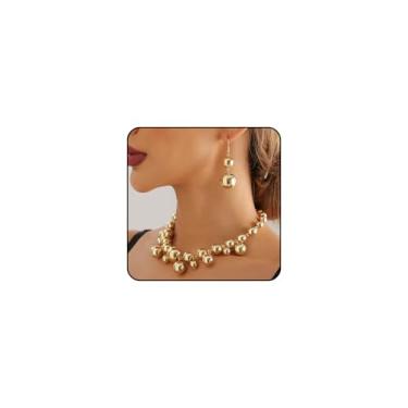Imagem de Conjunto de brincos e colar com contas de ouro para mulheres vintage bolas redondas brincos pendentes pérolas geométricas contas gargantilha colares elegantes joias exageradas, Large, Zinco, Sem Pedra