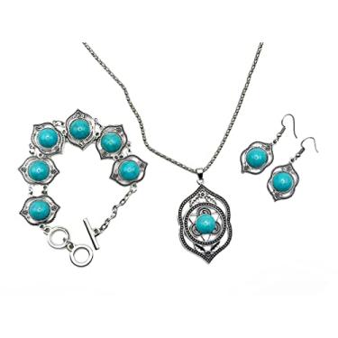 Imagem de Myrish Conjunto de joias boho retrô turquesa grosso – pingente, brincos e pulseira para mulheres – acessórios de declaração boêmios feitos à mão