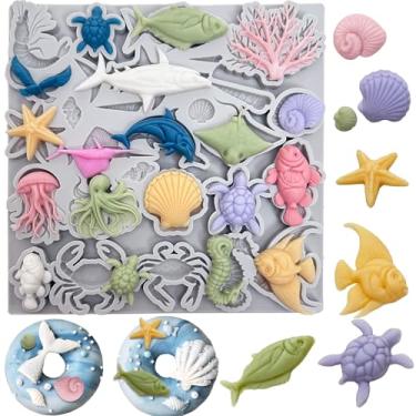 Imagem de Molde de silicone para fondant de bolo com tema marinho, estrela-do-mar, coral, concha, alga, tartaruga, tubarão, forma de cozimento para chocolate, doces, gelo, canle, sabonete, bolo, decoração de