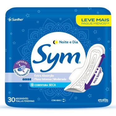 Imagem de Absorvente Sym Noite e Dia Extra Absorção Cobertura Seca com Abas 30 Unidades Leve Mais Por Menos