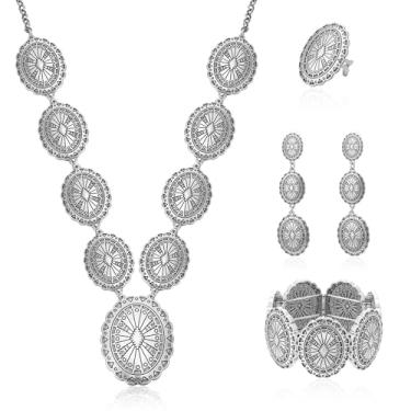 Imagem de JMScape 4 peças de joias turquesa ocidental para mulheres boho vintage navajo colar de pérolas brinco pulseira conjunto de anéis Country Cowgirl acessórios para presente, Large, Metal, Turquesa