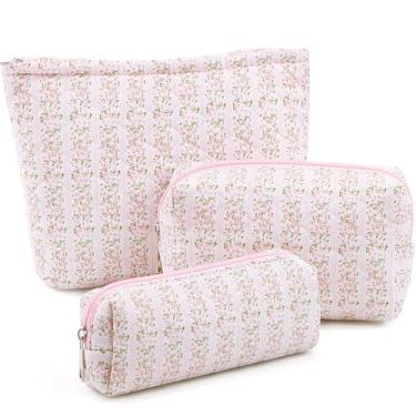 Imagem de Paterr 3 peças de bolsa de maquiagem acolchoada para mulheres com laço floral fofo conjunto de bolsa de cosméticos organizador de estética kit de emergência para viagem de higiene pessoal bolsa de