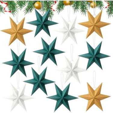 Imagem de Gueevin Pacote com 12 lanternas de estrela de papel de Natal de 6 pontas 25,4 cm, decoração de papel estrela, decoração de árvore de Natal, casamento, festa de aniversário (verde, grão de madeira