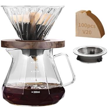 Imagem de Vandetai Kit profissional de cafeteira de vidro – 4 xícaras em forma de V com alça de nogueira e 100 filtros V20, jarra de borossilicato de 590 ml para presentes de cerveja em casa