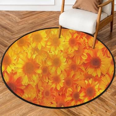 Imagem de Tapete redondo de 1,5 m flor girassol laranja sol macio tapete de área circular antiderrapante lavável tapete redondo interior quarto berçário sala de estar cozinha banheiro entrada casa tapete