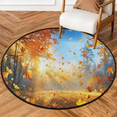 Imagem de Tapete redondo pequeno de 1,8 m com folhas de outono, floresta macia, tapete circular antiderrapante, lavável, tapete de porta circular para quarto, sala de estar, berçário, cozinha, banheiro, entrada