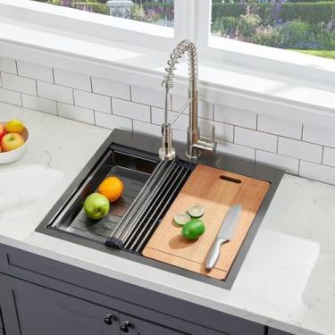 Imagem de SHACO Pia de cozinha preta de 63 x 55 cm, pia de estação de trabalho de aço inoxidável de 63 cm, pia de cozinha pequena com tábua de corte