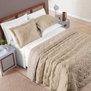 Imagem de Kit Cobre Leito Colcha Katarine King 03 Peças Dupla Face Micropercal 300 Fios Detalhado - Cáqui