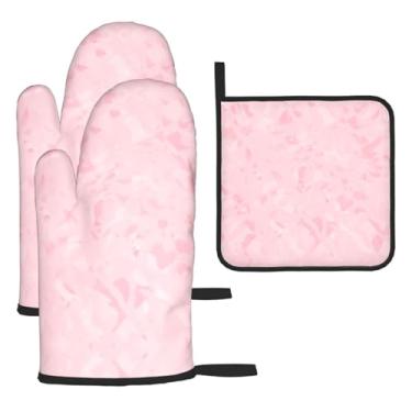 Imagem de Conjunto de cozinha essencial de 3 peças com estampa colorida Macarone, luvas resistentes ao calor e aderência da tampa, proteção para churrasco no forno, design de armazenamento suspenso.