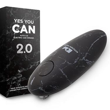 Imagem de Abridor de latas elétrico Kitchen Mama Auto 2.0: Lâmina refinada abre quase todas as latas - automática, mãos livres, borda lisa, segura para alimentos, operada por pilha, sim é possível (mármore