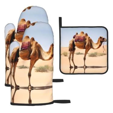 Imagem de Camel – Conjunto de cozinha essencial com 3 peças, luvas resistentes ao calor e alça de tampa, proteção para churrasco no forno, design de armazenamento suspenso.