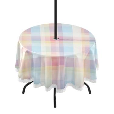 Imagem de CEBUGI Toalha de mesa redonda para uso externo, colorido, quadriculado, impermeável, com furo Umberlla, capa de mesa lavável para pátio, cozinha, sala de jantar, 152 cm