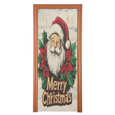 Imagem de Wassud Capa de porta de Natal decoração de banner 91 x 242 cm grande cabeça de Papai Noel fofa capa de porta interna elástica para varanda porta da frente