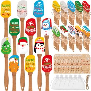 Imagem de Mysora 30 conjuntos de espátulas de silicone de Natal com cabo de madeira raspador resistente com sacos de organza e cartões comemorativos, presentes de cozinha de Natal, espátulas de bolo a granel