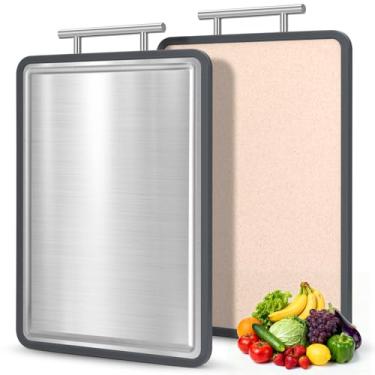 Imagem de Tábua de corte de aço inoxidável 38 x 28 cm, tábuas de corte de metal dupla face IDekooror para cozinha, tábuas de corte com aço e palha de trigo PP, tábua de cortar para carne e legumes, pode ser