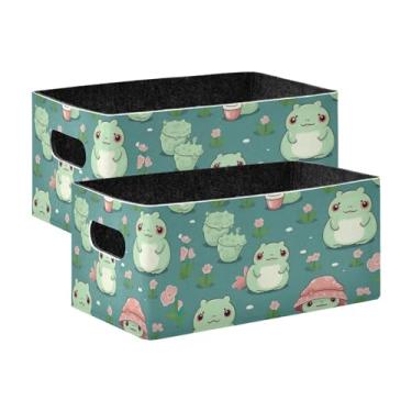 Imagem de xigua Conjunto de 2 caixas de armazenamento de sapos fofos, cubo de armazenamento dobrável, organizador de cestas de armazenamento para brinquedos, livros, prateleiras, armário, lavanderia, berçário