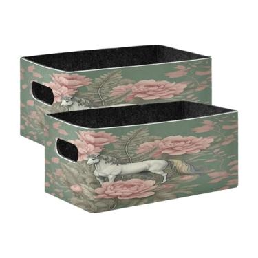 Imagem de Burbuja Caixa de armazenamento dobrável de cavalo em flor com alças – Caixa de armazenamento de feltro para organizar brinquedos, livros, maquiagem, panos, meias em prateleira, armário, quarto, 2