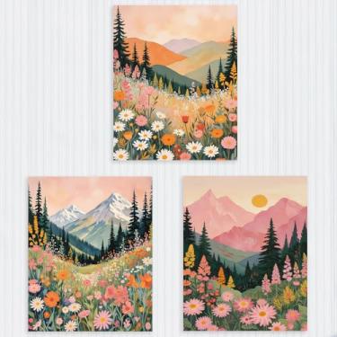 Imagem de 4 peças de pôsteres de parede de flores de montanha em aquarela para decoração de quarto, estética, paisagens coloridas, natureza, arte de parede, decorações aconchegantes para quarto, casa