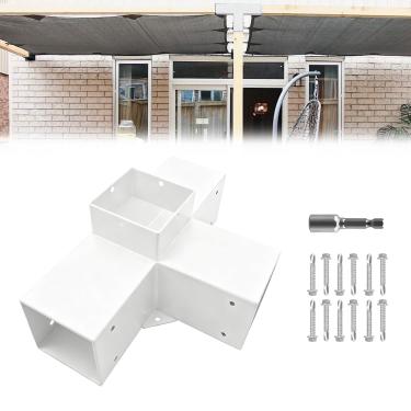 Imagem de ITEVE.GD 1 kit de suporte DIY de pérgula de 4 vias, suportes de canto de ângulo reto resistentes brancos com parafusos para vigas de madeira de 10 x 10 cm (reais: 8,9 cm x 8,9 cm) para pavilhão ao ar