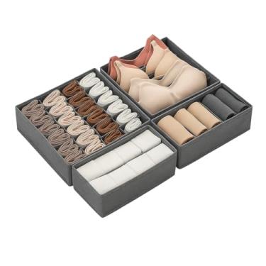 Imagem de Kit 4 Organizadores de Gaveta com Divisórias – Para Cuecas, Meias, Sutiãs e Calcinhas – Caixas Dobráveis 20/7/8/6 Grid – Ideal para Guarda-Roupa e Armário (KitOrganiza_Cinza)