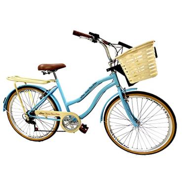 Imagem de Bicicleta aro 26 retrô com cesta reforçada bagag. 6v Azul bb