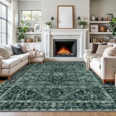 Imagem de KOZYFLY Tapete de área 2,5 x 3,5 m para sala de estar, lavável, tapete antiderrapante, para sala de estar, estampado, lã sintética, vintage, para sala de jantar, verde escuro