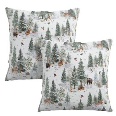 Imagem de Wnoesat Capas de almofada de inverno 40,6 x 40,6 cm, conjunto de 2 capas de almofada vintage rústica floresta pinheiro neve animais estampa de Natal para casa sofá decoração de Natal