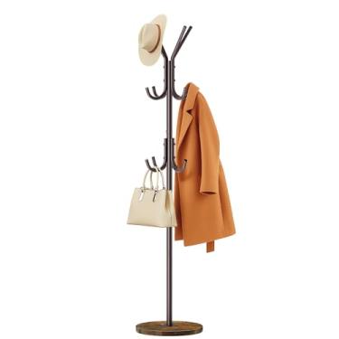 Imagem de MISSLO Cabide resistente independente com base de madeira estável, moderno, marrom, com 12 ganchos, cabide ajustável, para roupas, árvore, para entrada, quarto, canto e corredor