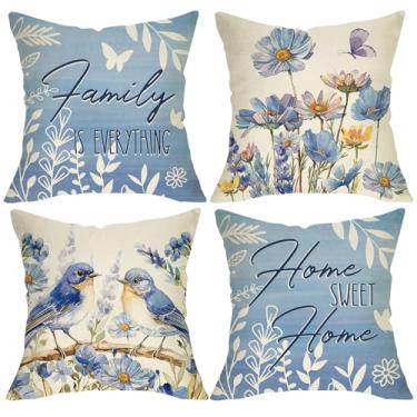 Imagem de Fjfz Capa de almofada decorativa floral primavera verão pássaro azul 45 x 45 conjunto de 4, margarida flor casa doce lar varanda decoração ao ar livre, família é tudo borboleta sofá capa de almofada
