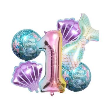 Imagem de Conjunto De Balões Em Forma De Cauda De Sereia 6 Peças Tema Oceano Con