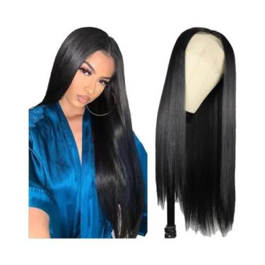 Imagem de Peruca Longa Lisa Preta Com Renda Frontal Para Mulheres, Pré-arrancada