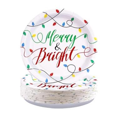 Imagem de Greencian 50 peças de pratos de papel Feliz Natal 25,4 cm grandes placas de lâmpada colorida descartáveis artigos de festa feliz e brilhante para decoração de Natal, inverno, férias, festa de