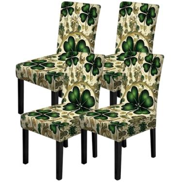 Imagem de ANNA QUEEN Conjunto de 4 capas de cadeira de mármore, capas elásticas, removíveis, laváveis para jantar, fazenda, hotel, festa, casamento (trevo)