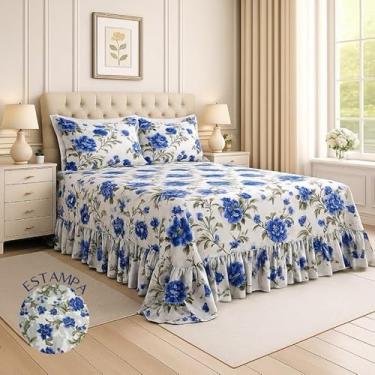 Imagem de Kit Lençol Queen 3 Peças Micropercal Toque de Algodão com Babado e Fronhas Premium (Cinza Claro- Flor Azul)