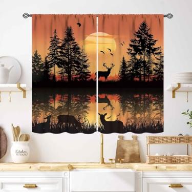 Imagem de Cortinas de cozinha de cabana florestal, campo de fazenda, animais selvagens, cervo, vintage, laranja, floresta, natureza, montanha, tratamentos, cortinas, quarto, sala de estar, lavanderia, 69,8 cm L