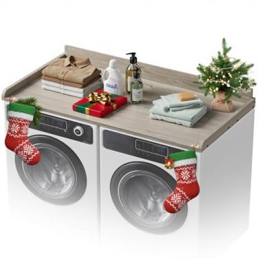 Imagem de COOLBEBE Bancada de lavadora e secadora, bancada de lavanderia sobre lavadora e secadora de madeira para a parte superior com almofadas antiderrapantes (carvalho)