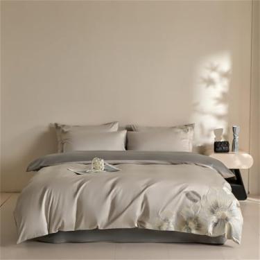 Imagem de Jogo de cama de algodão com bordado de flores, capa de edredom para solteiro, casal, queen e king, cor 4, tamanho solteiro 150x200 (3 peças).