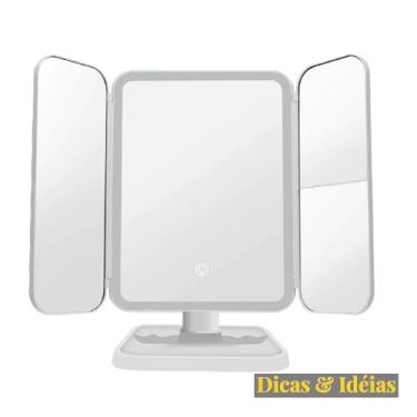 Imagem de Espelho de Maquiagem de Mesa com Iluminação LED, Três Lados Dobrável, Branco