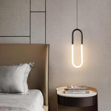 Imagem de Luminária pendente moderna para quarto - Luminária de teto elegante com iluminação LED, feita de metal, ideal para mesa de cabeceira, cozinha, quarto e sala de estar (Preta, 1 lâmpada).