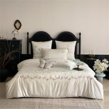 Imagem de Conjunto de cama Jacquard macio, sedoso e com toque fresco, com bordado de borboletas, capa de edredom, lençol de baixo e lençol de baixo com elástico, cor 2, tamanho 1,2 m.