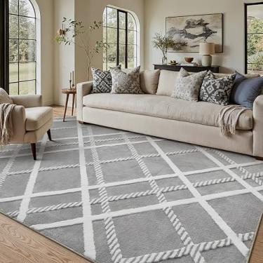 Imagem de HUGEAR Tapete felpudo 12 x 18 cm, cinza, moderno, neutro, macio, macio, tapete felpudo antiderrapante, fácil de cuidar, 1,3 cm de espessura para áreas de alto tráfego na sala de estar, quarto, jantar