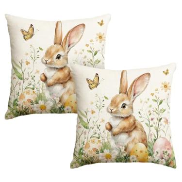 Imagem de AVOIN colorlife Capas de almofada de coelhinho de ovos de páscoa, 45,7 x 45,7 cm flores silvestres borboleta capa de almofada decoração para sofá conjunto de 2